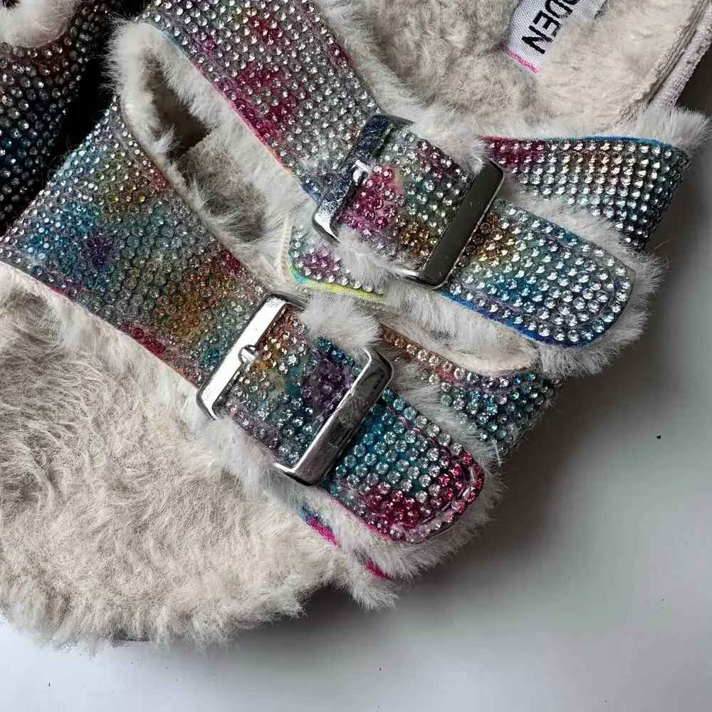 Steve Madden Rhinestone Faux Fur Cozy Sandals Size 8.5